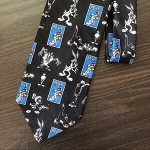 Looney Tunes Black and Blue Bugs Bunny Tasmanian Devil Comic Black Stamp Tie
